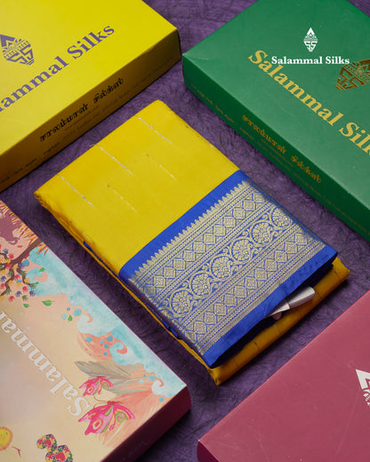Beautiful Yellow Pure Kanjivaram Silk Saree With Contrast Royal Blue Traditional Border