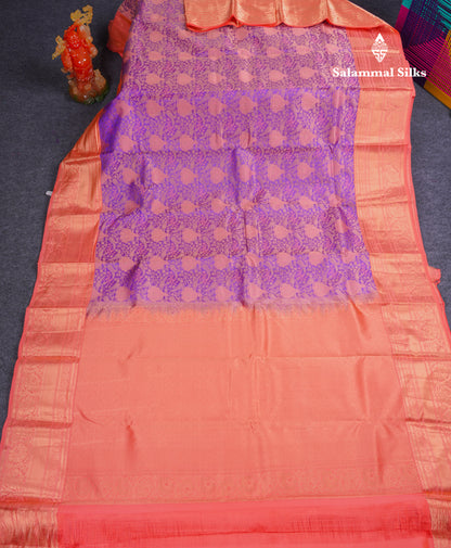 Beautiful Purple Bridal Pure Mix Silk Saree With Contrast Dark Peach Border
