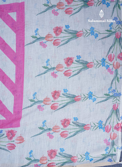 Beautiful Half White (Mustard Yellow) Linen Mix Saree With Floral Print Small Ribbon Border