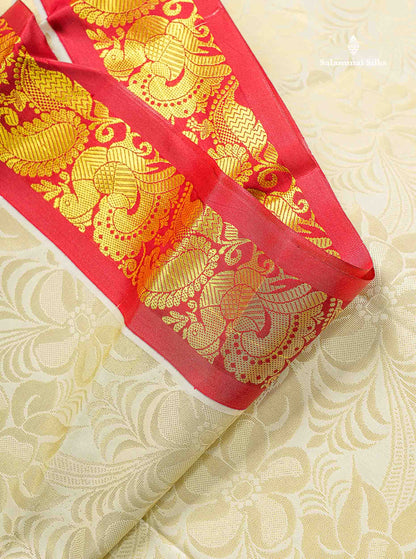 Semi Silk Saree - Half White Colour Body & Contrast Maroon Border
