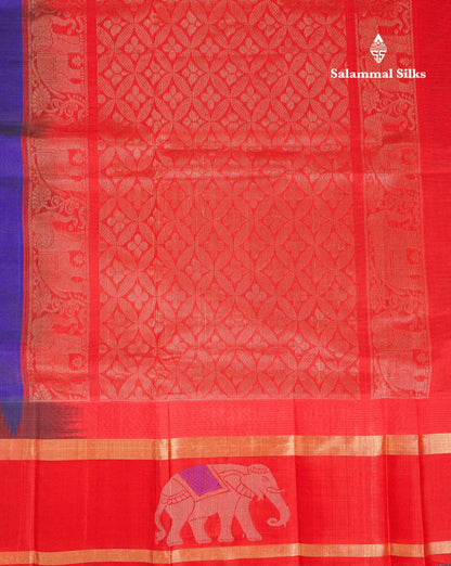 Beautiful Dual Tone Navy Blue Plain Pure Silk Cotton Saree With Contrast Red Traditional Border