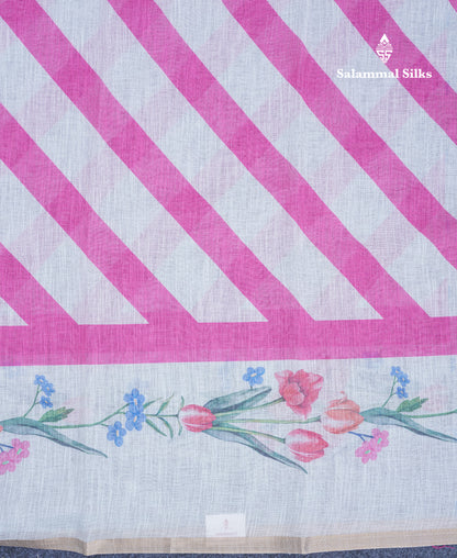 Beautiful Half White (Mustard Yellow) Linen Mix Saree With Floral Print Small Ribbon Border