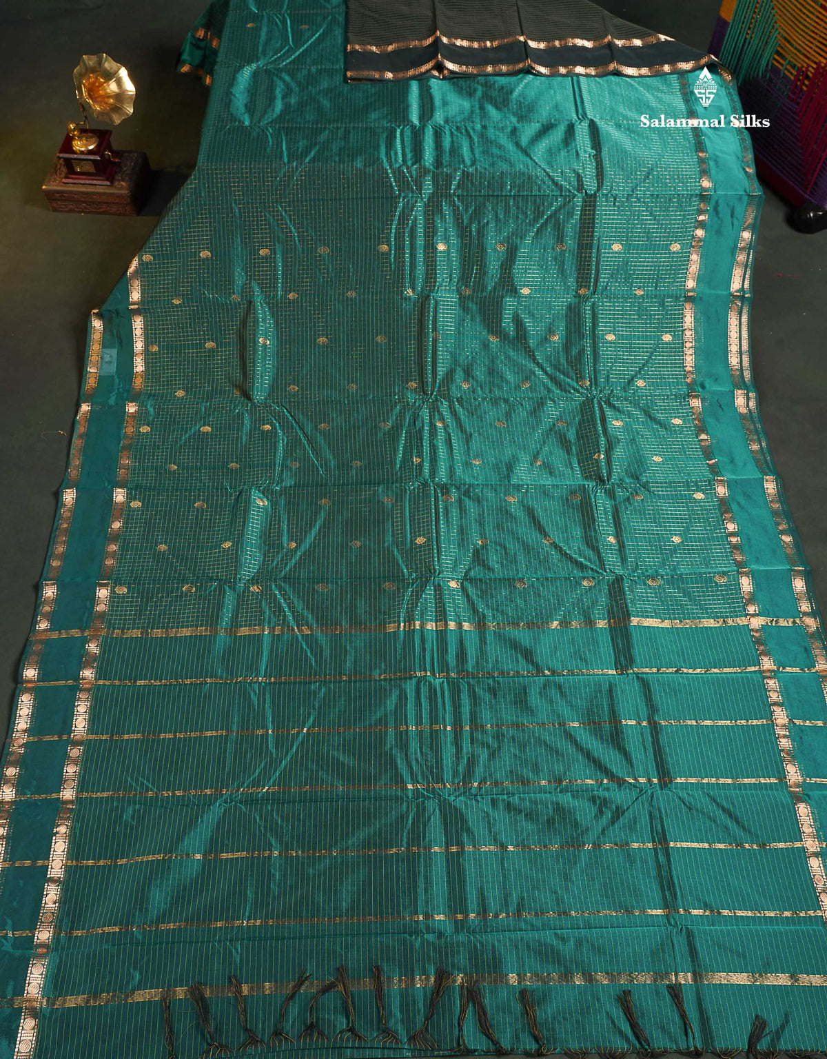 Semi Silk Saree - Teal Green Colour Body Small Checks With Butta & Traditional Rettapet Border