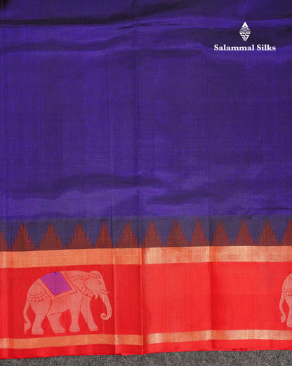 Beautiful Dual Tone Navy Blue Plain Pure Silk Cotton Saree With Contrast Red Traditional Border