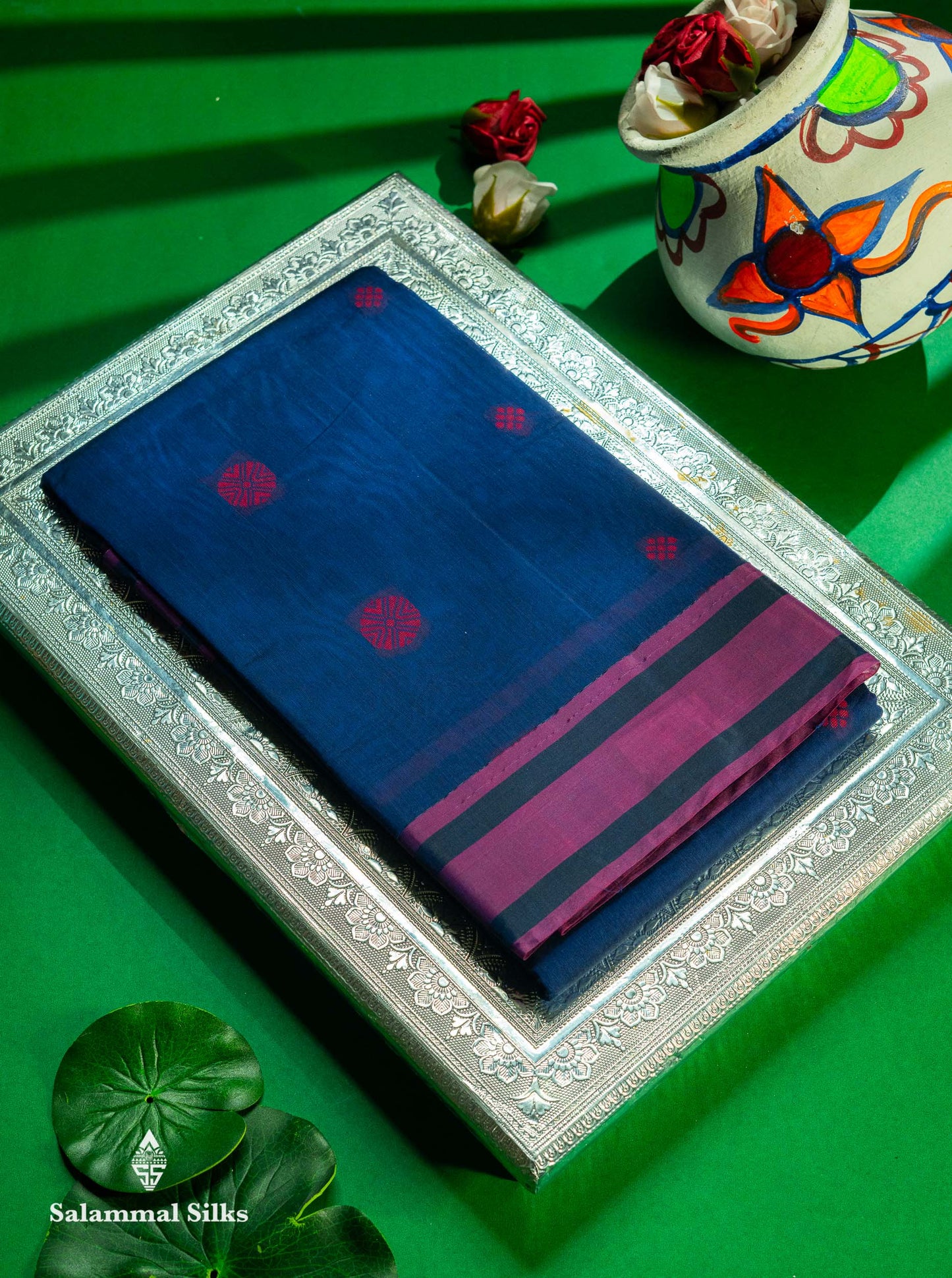 Beautiful Dark Sandal Thread Work Kota Cotton Saree With Contrast Dual Tone Blue Border