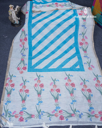 Beautiful Half White (Mustard Yellow) Linen Mix Saree With Floral Print Small Ribbon Border