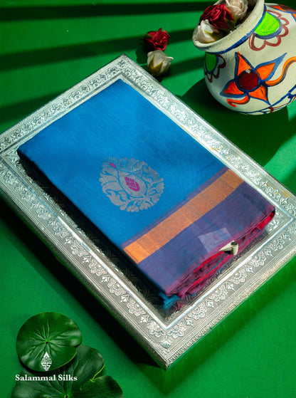 Beautiful Ananda Blue Zari Butta Menakari Work SICO Cotton Saree With Contrast Pink Blouse