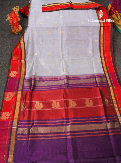 Beautiful Blueish Grey Peacock Zari Butta Pure Silk Cotton Saree With Contrast Red Traditional Border