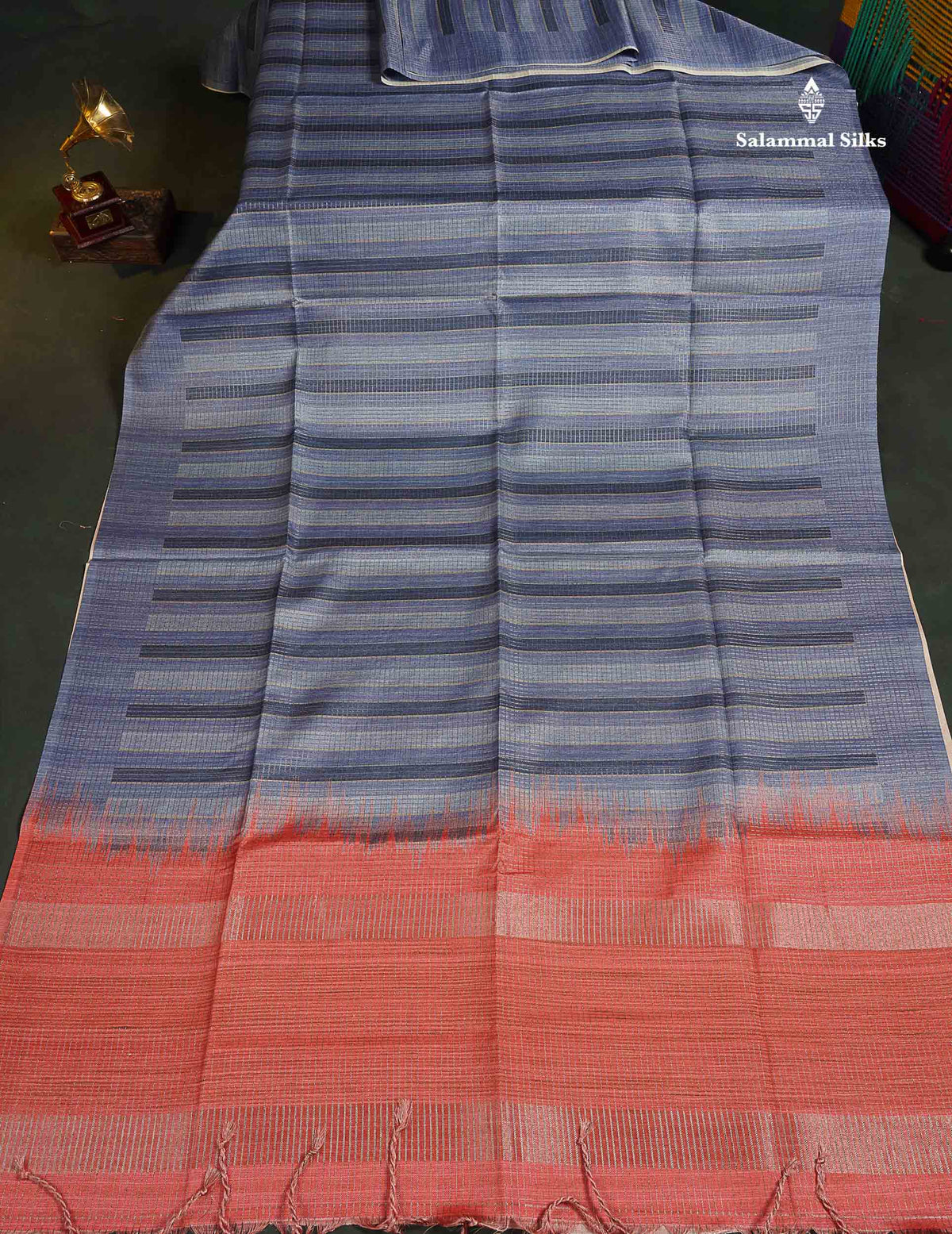 Semi Tussar Saree - Dual Tone Blue Colour Body With Contrast Peach Blouse