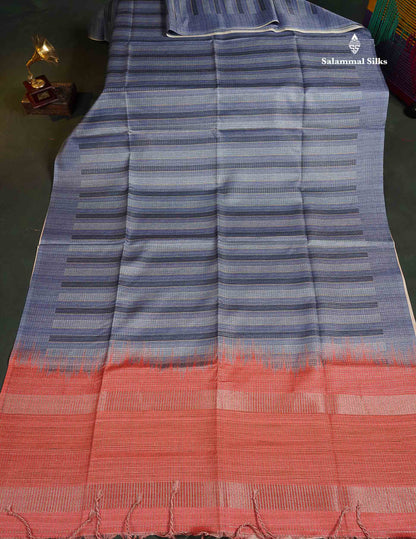 Semi Tussar Saree - Dual Tone Blue Colour Body With Contrast Peach Blouse