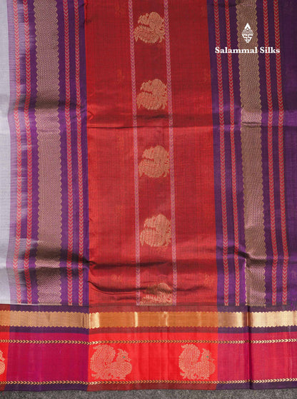 Beautiful Blueish Grey Peacock Zari Butta Pure Silk Cotton Saree With Contrast Red Traditional Border