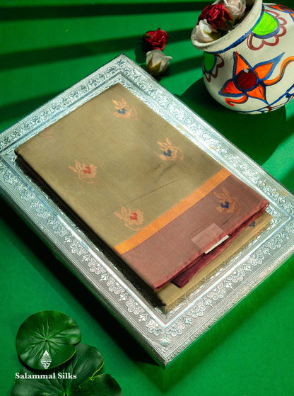 Beautiful Elephant Grey Zari Butta Menakari Work SICO Cotton Saree With Contrast Bottle Green Border