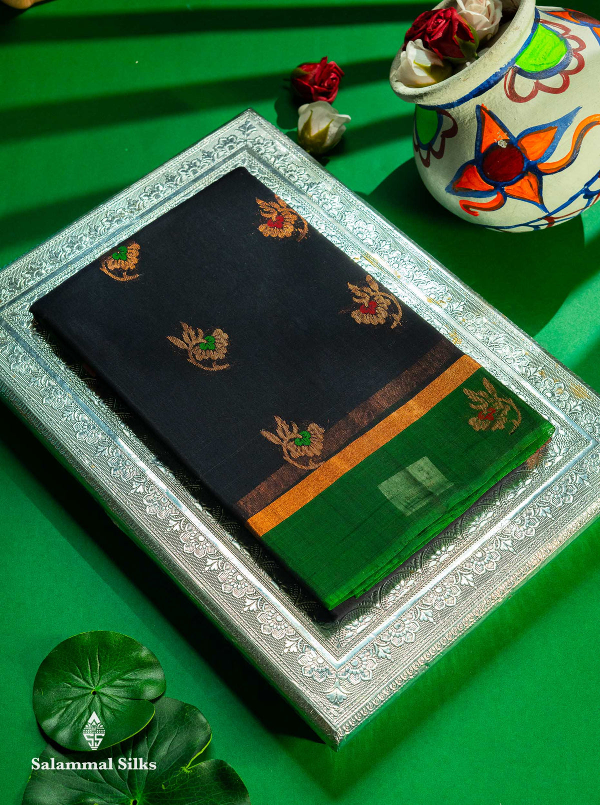 Dark Navy Blue Beautiful SICO Cotton Saree With Bottle Green Border