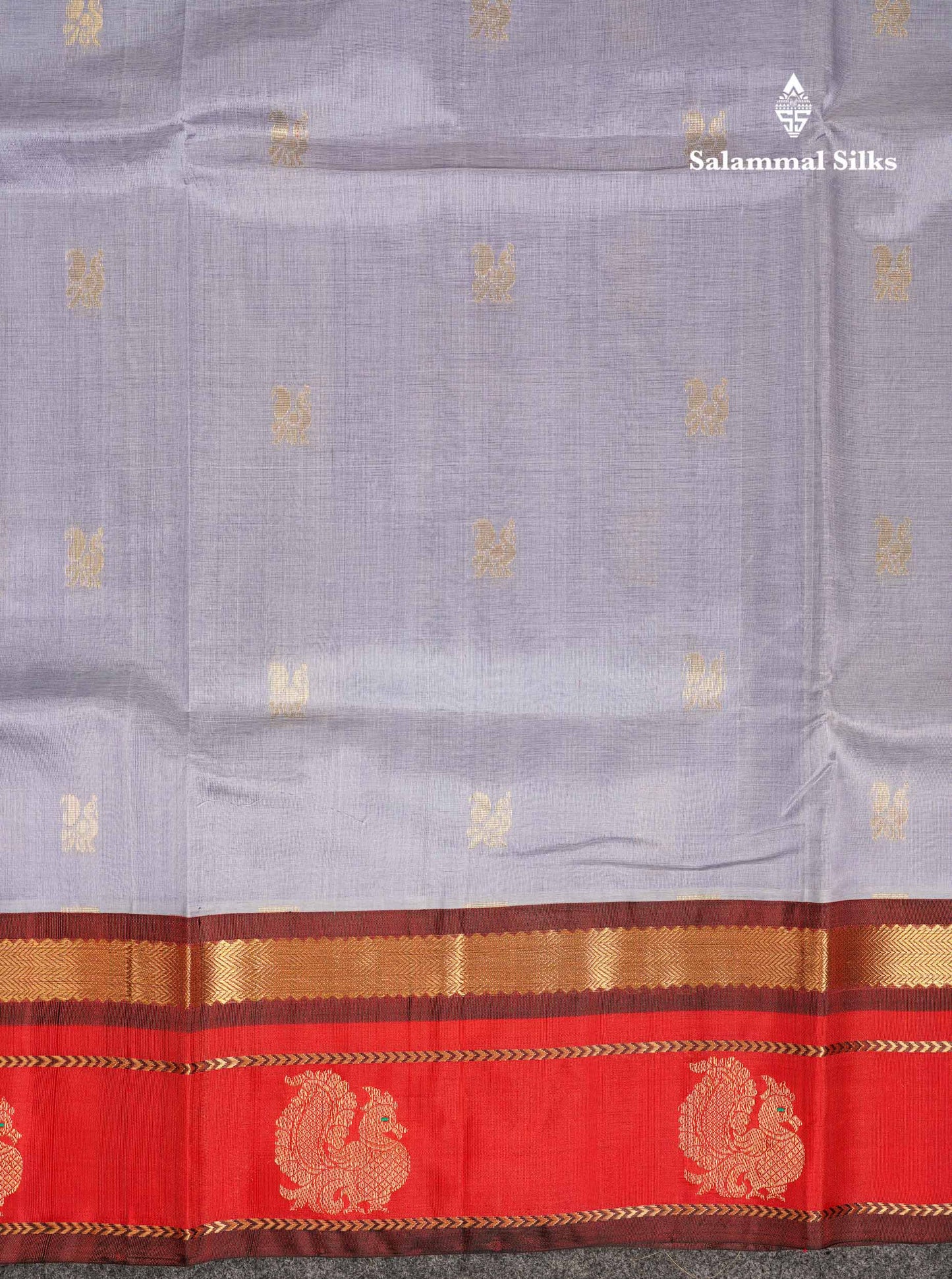 Beautiful Blueish Grey Peacock Zari Butta Pure Silk Cotton Saree With Contrast Red Traditional Border