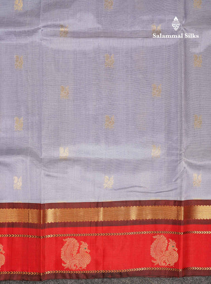 Beautiful Blueish Grey Peacock Zari Butta Pure Silk Cotton Saree With Contrast Red Traditional Border