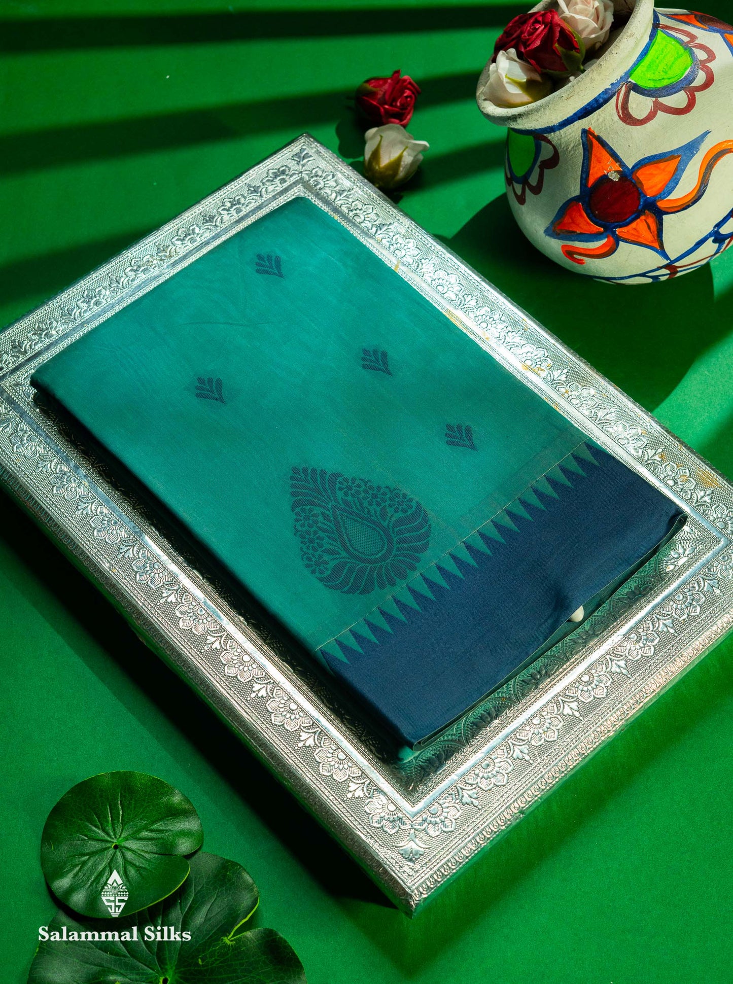 Beautiful Rexona Green Thread Work Kota Cotton Saree With Contrast Blueish Grey Traditional Border