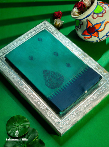 Beautiful Rexona Green Thread Work Kota Cotton Saree With Contrast Blueish Grey Traditional Border