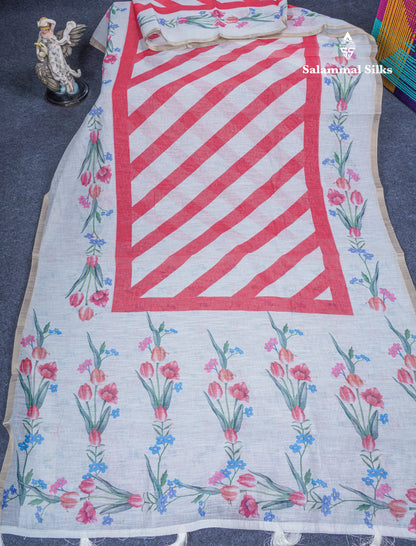 Beautiful Half White (Mustard Yellow) Linen Mix Saree With Floral Print Small Ribbon Border