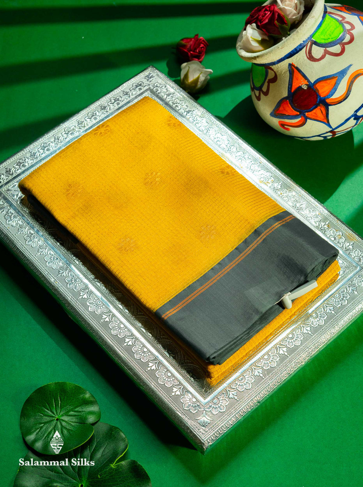 Beautiful Peach Tiny Zari Checks Kota Cotton Saree With Contrast Grey Border