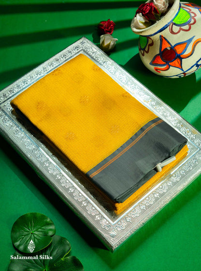 Beautiful Peach Tiny Zari Checks Kota Cotton Saree With Contrast Grey Border