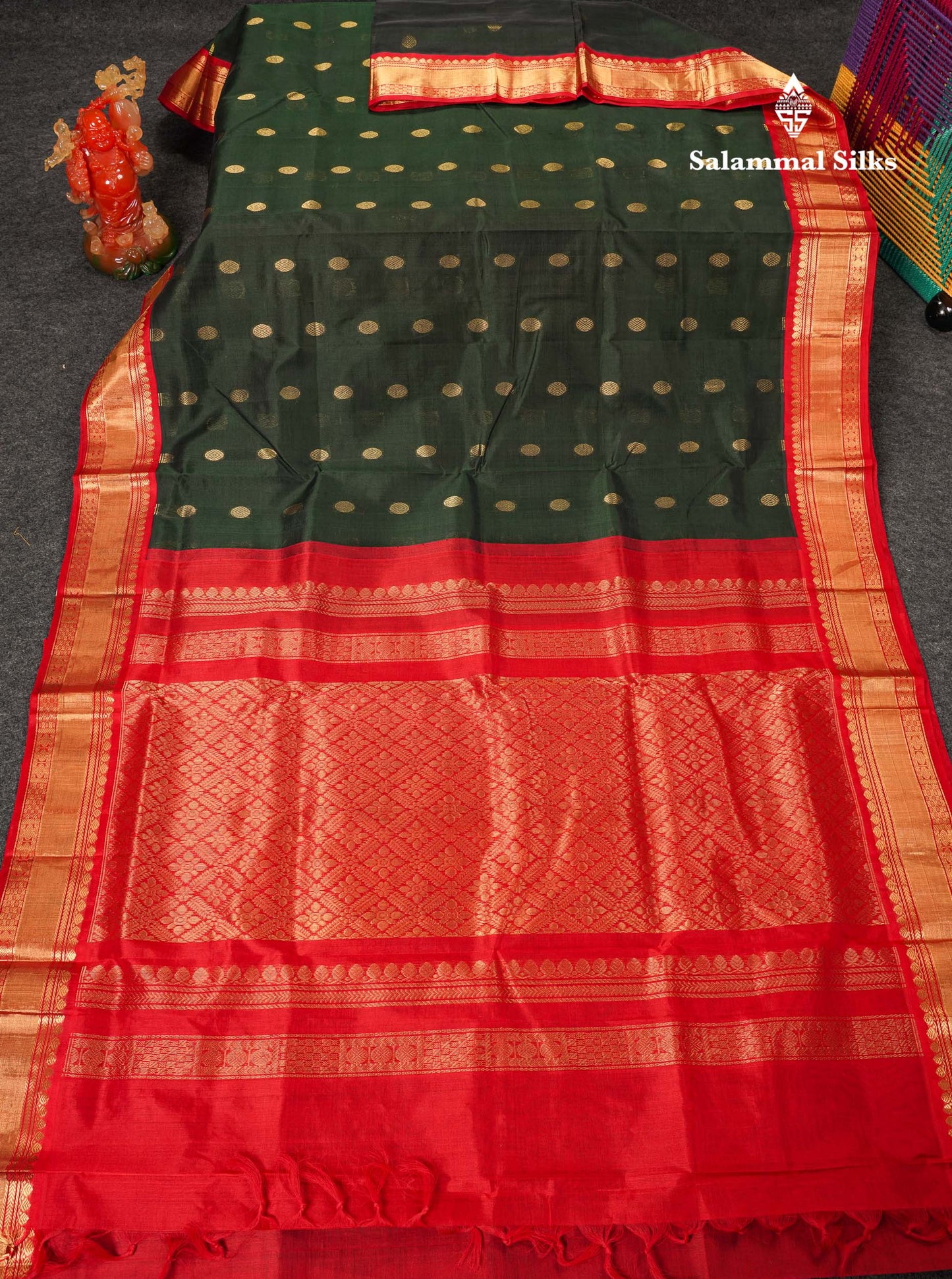 Beautiful Dark Bottle Green Pure Silk Cotton Saree With Contrast Chilly Red Traditional Border