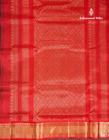 Beautiful Dark Bottle Green Pure Silk Cotton Saree With Contrast Chilly Red Traditional Border