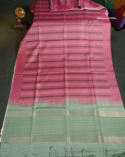 Semi Tussar Saree - Pink Colour Body With Contrast Sage Green Blouse