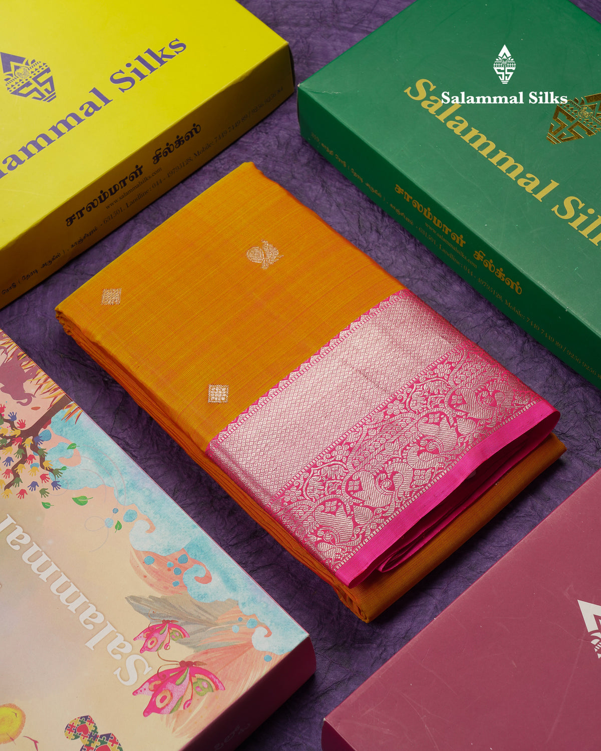 Beautiful Mustard Yellow Pure Kanjivaram Silk Saree With Contrast Pink Traditional Evening Morning Border
