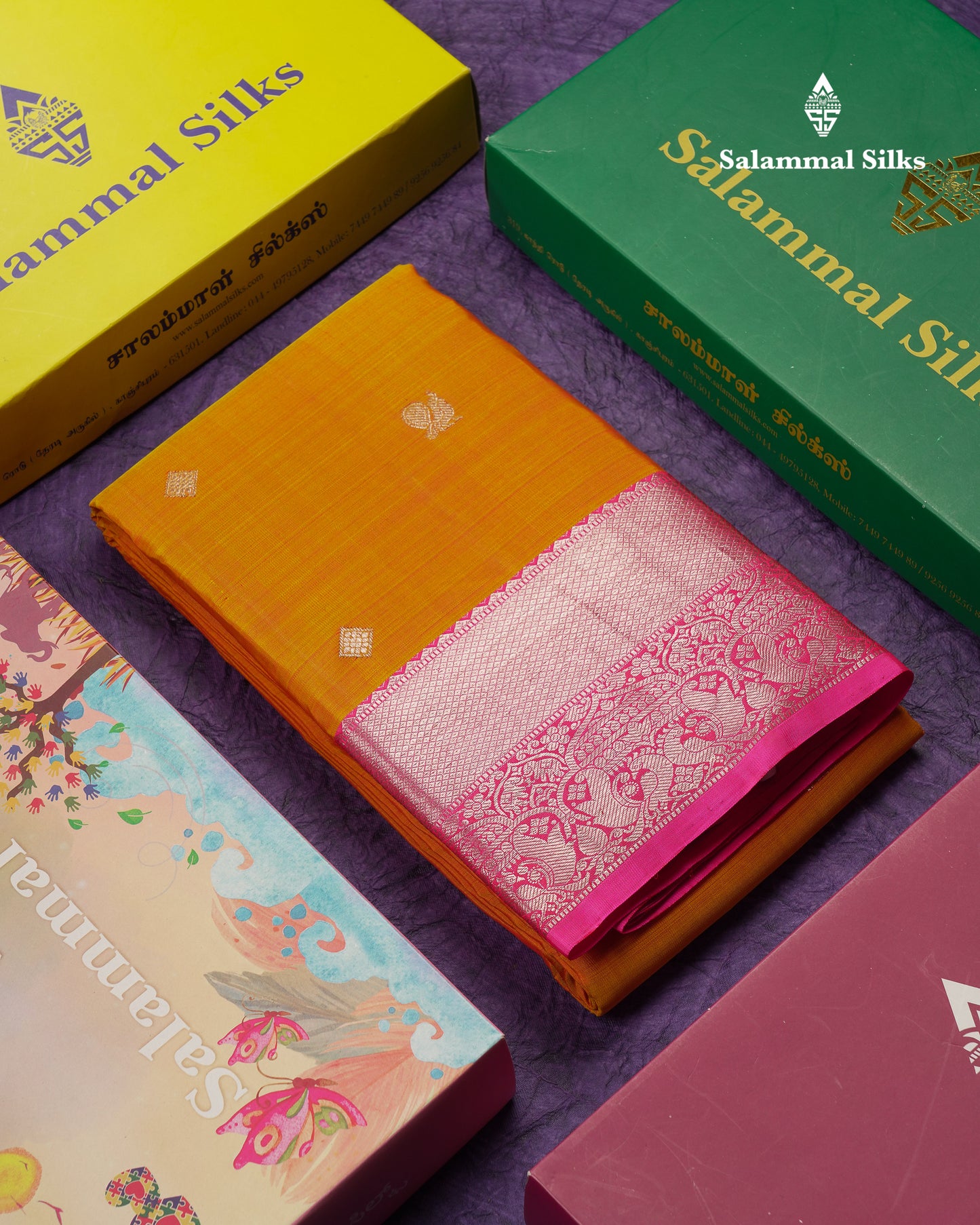 Beautiful Mustard Yellow Pure Kanjivaram Silk Saree With Contrast Pink Traditional Evening Morning Border