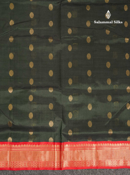 Beautiful Dark Bottle Green Pure Silk Cotton Saree With Contrast Chilly Red Traditional Border