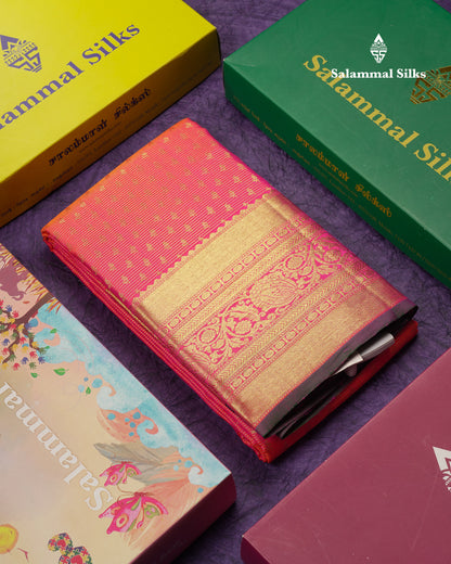 Beautiful Dual Tone Pinkish Orange Vaira Oosi Lines With Butta Pure Kanjivaram Silk Saree With Traditional Border