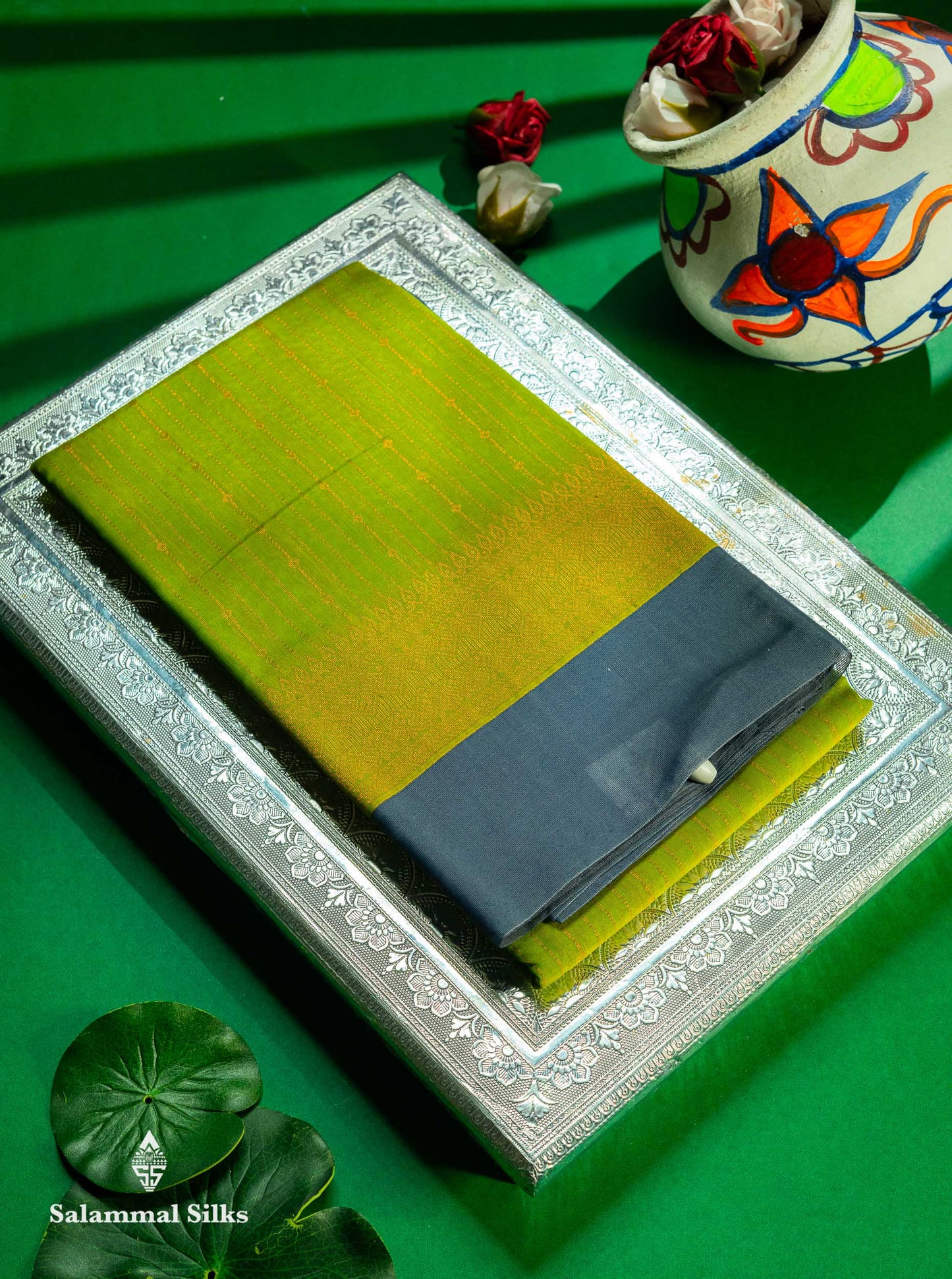 Beautiful Parrot Green Zari Lines Kota Cotton Saree With Contrast Blueish Grey Plain Border