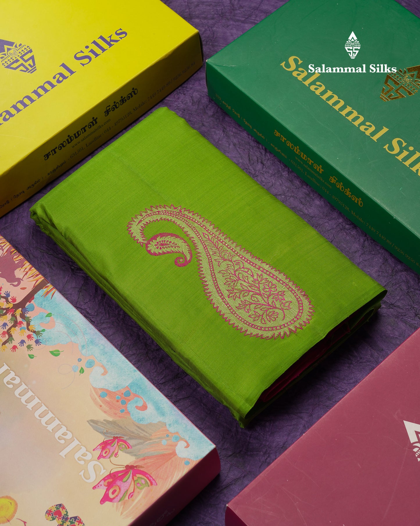 Beautiful Parrot Green Thread Work Butta Fancy Pure Kanjivaram Silk Saree With Contrast Pink Blouse