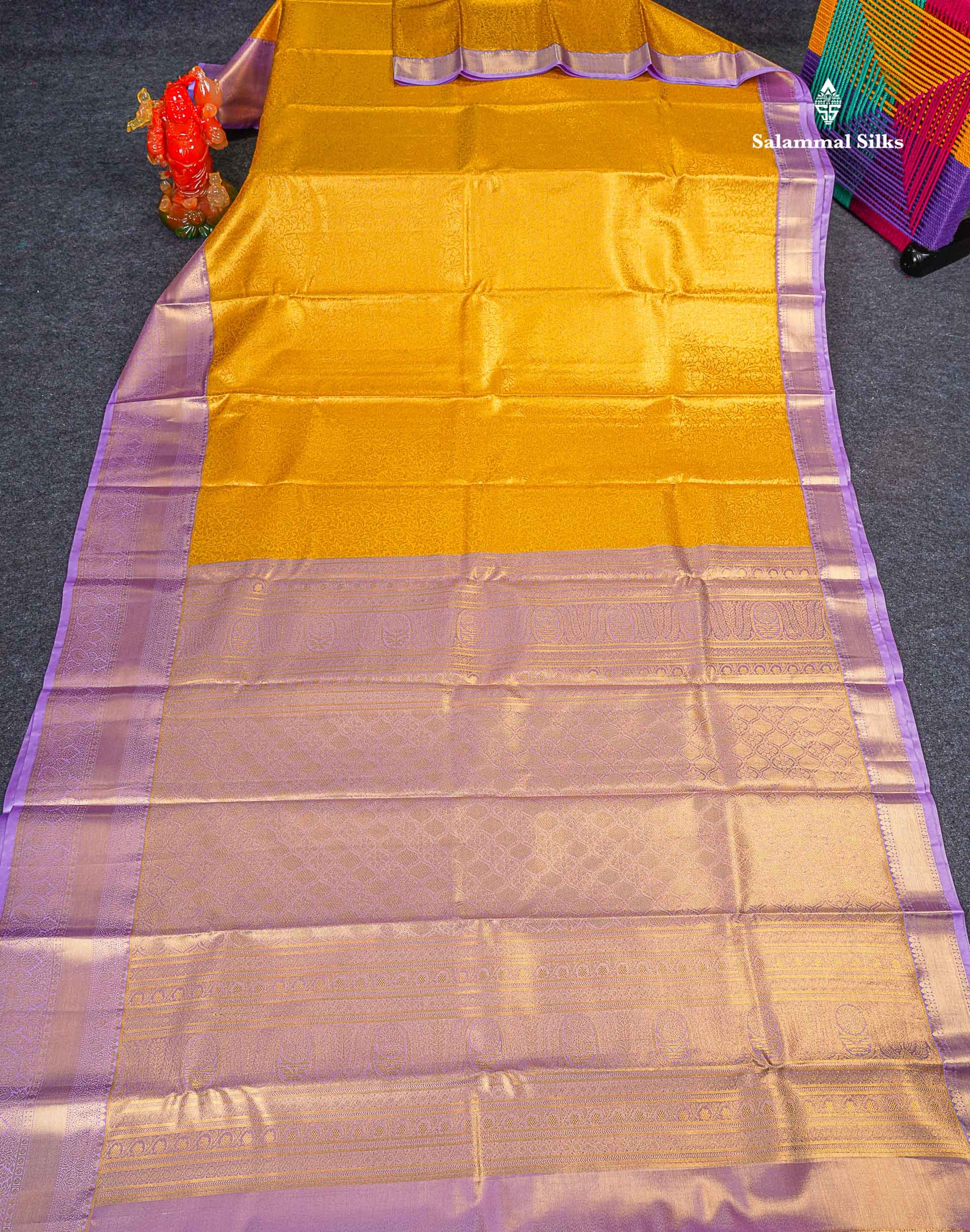 Bridal Semi Silk Saree - Golden Yellow Colour Body Tissue With Contrast Lavender Evening Morning Border