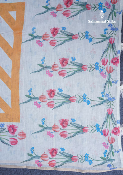 Beautiful Half White (Mustard Yellow) Linen Mix Saree With Floral Print Small Ribbon Border