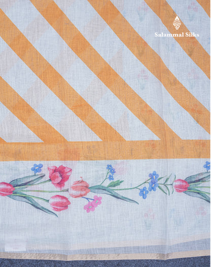 Beautiful Half White (Mustard Yellow) Linen Mix Saree With Floral Print Small Ribbon Border