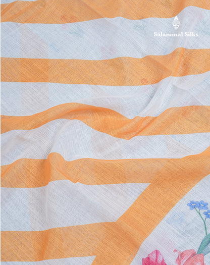 Beautiful Half White (Mustard Yellow) Linen Mix Saree With Floral Print Small Ribbon Border