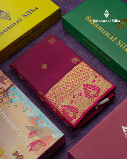 Beautiful Magenta Pure Kanjivaram Silk Saree With Contrast Pink Traditional Border