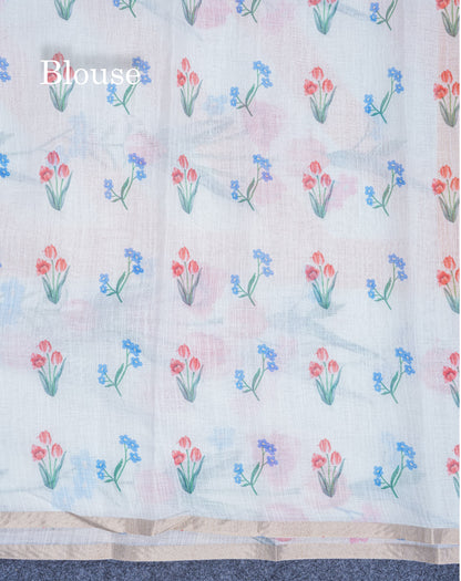 Beautiful Half White (Mustard Yellow) Linen Mix Saree With Floral Print Small Ribbon Border
