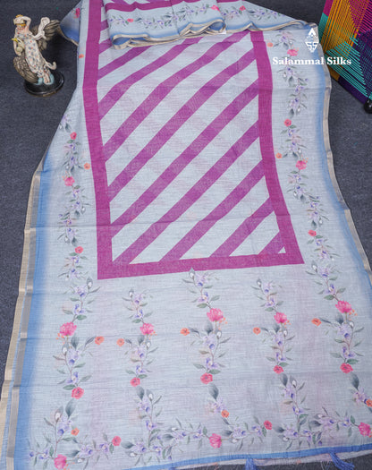Beautiful Blueish Grey Linen Mix Saree With Flotal Print Small Ribbon Border