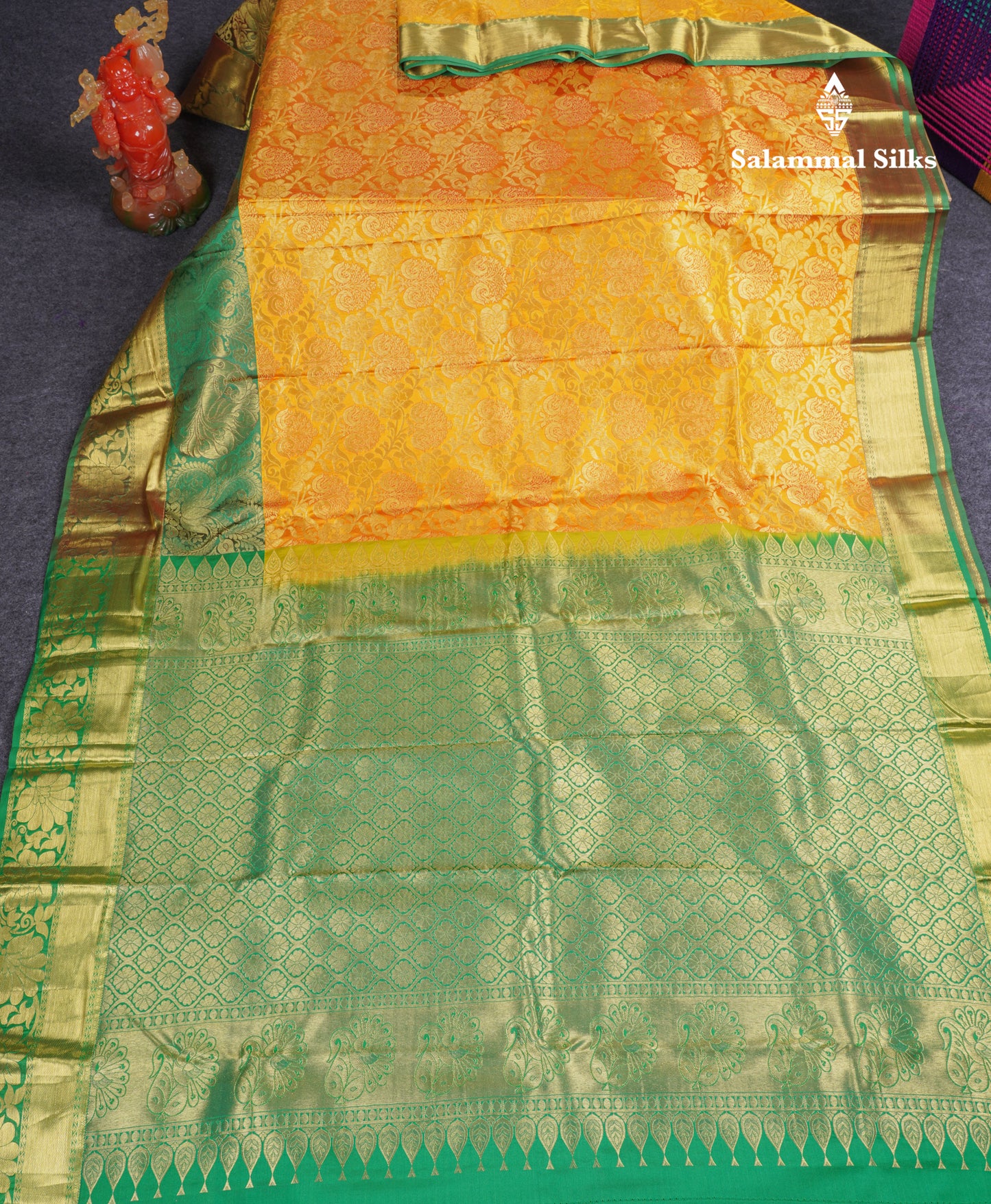 Beautiful Yellow Bridal Pure Mix Kanjivaram Silk Saree With Contrast Saffire Green Traditional Evening Morning Border