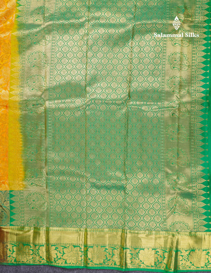 Beautiful Yellow Bridal Pure Mix Kanjivaram Silk Saree With Contrast Saffire Green Traditional Evening Morning Border