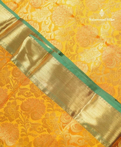 Beautiful Yellow Bridal Pure Mix Kanjivaram Silk Saree With Contrast Saffire Green Traditional Evening Morning Border