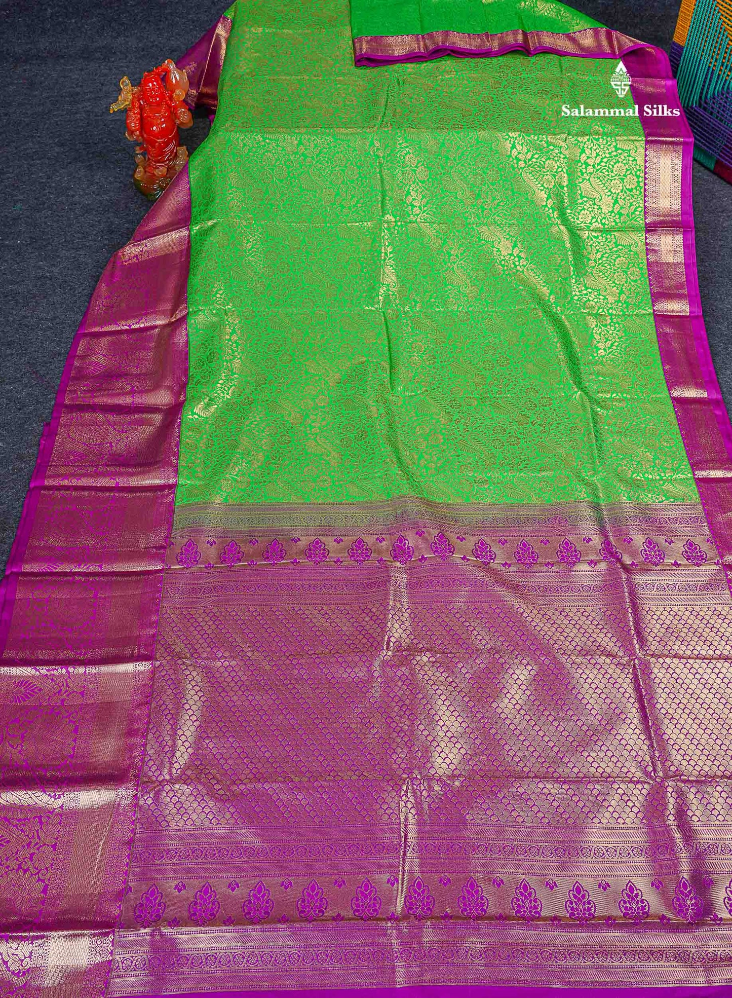 Bridal Semi Silk Saree - Parrot Green Colour Body With Contrast Purple Traditional Evening Morning Border
