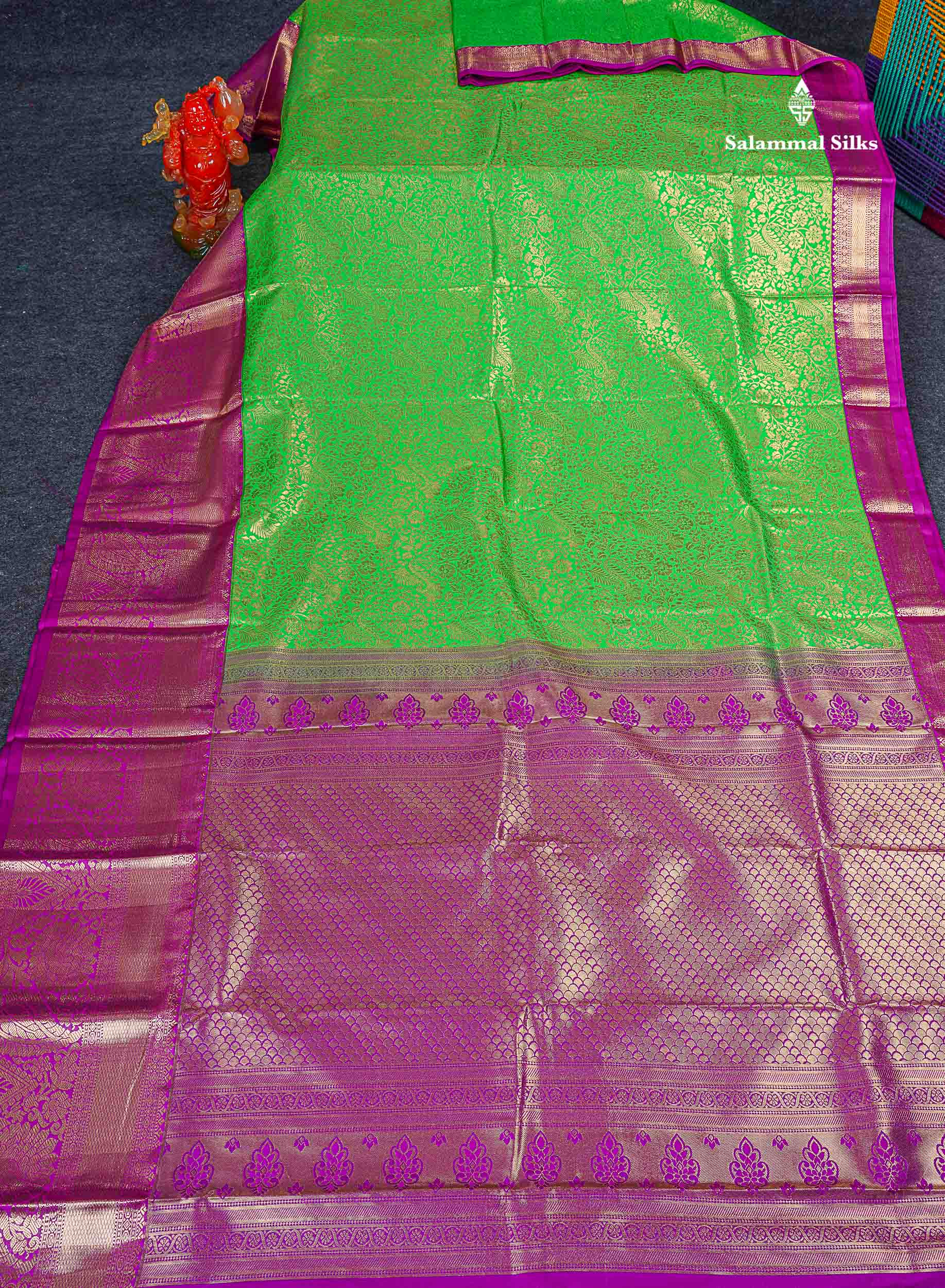Bridal Semi Silk Saree - Parrot Green Colour Body With Contrast Purple Traditional Evening Morning Border