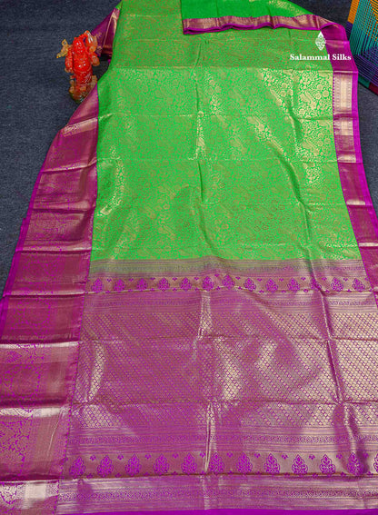 Bridal Semi Silk Saree - Parrot Green Colour Body With Contrast Purple Traditional Evening Morning Border