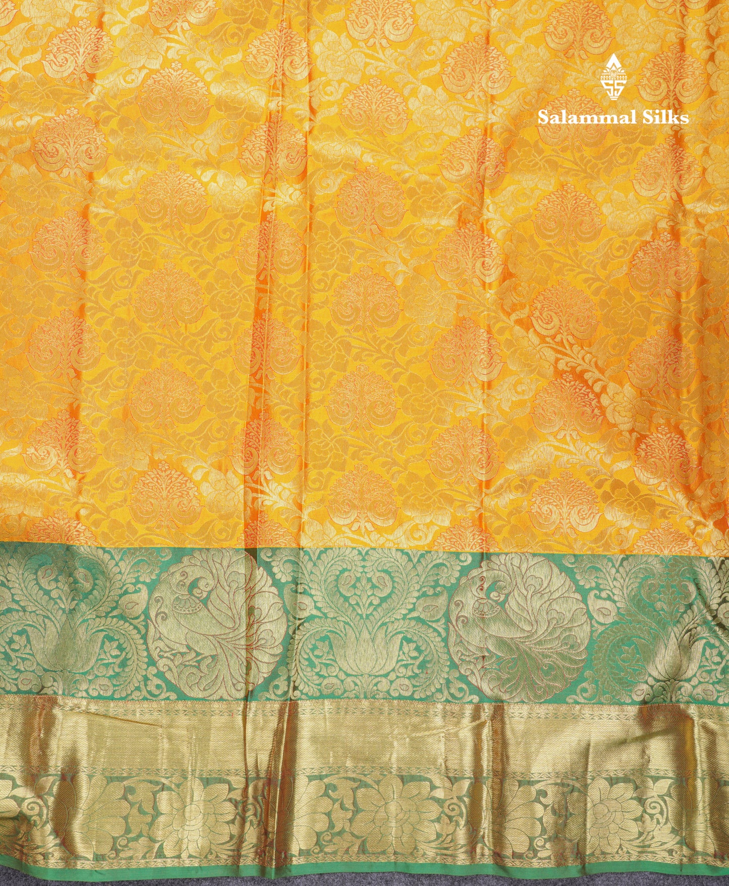 Beautiful Yellow Bridal Pure Mix Kanjivaram Silk Saree With Contrast Saffire Green Traditional Evening Morning Border
