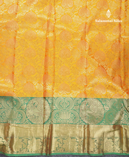 Beautiful Yellow Bridal Pure Mix Kanjivaram Silk Saree With Contrast Saffire Green Traditional Evening Morning Border