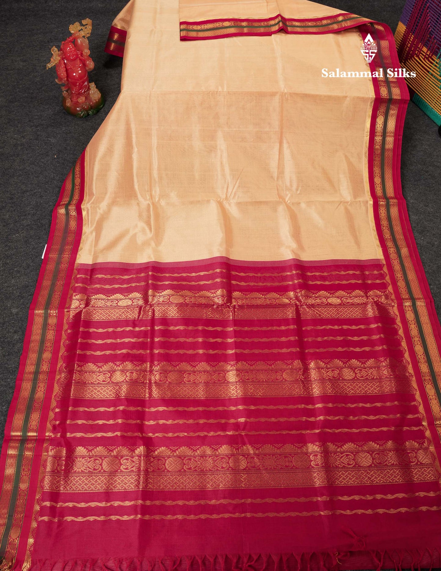 Beautiful Cream Sandal Plain Pure Silk Cotton Saree With Contrast Pink Traditional Border