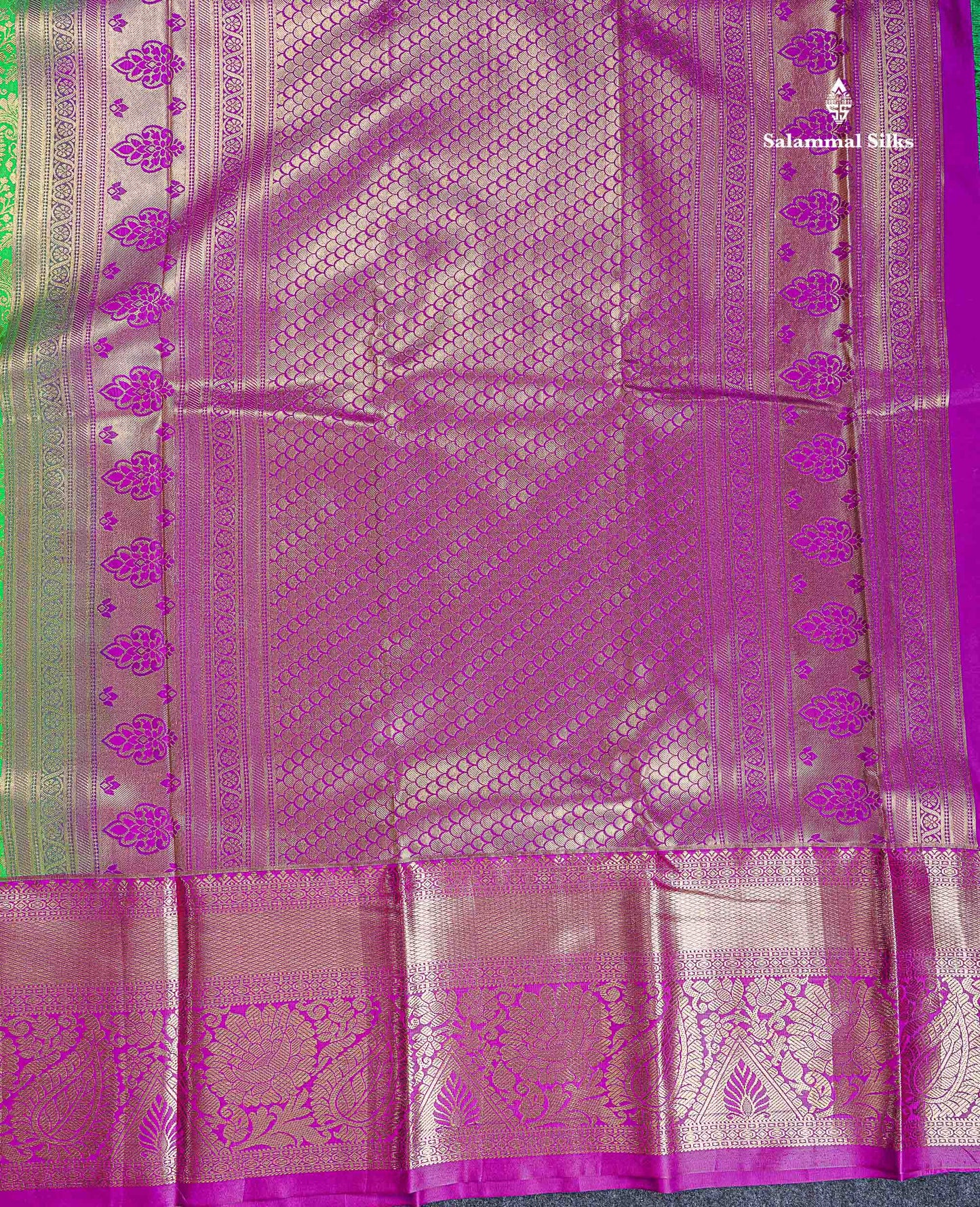 Bridal Semi Silk Saree - Parrot Green Colour Body With Contrast Purple Traditional Evening Morning Border